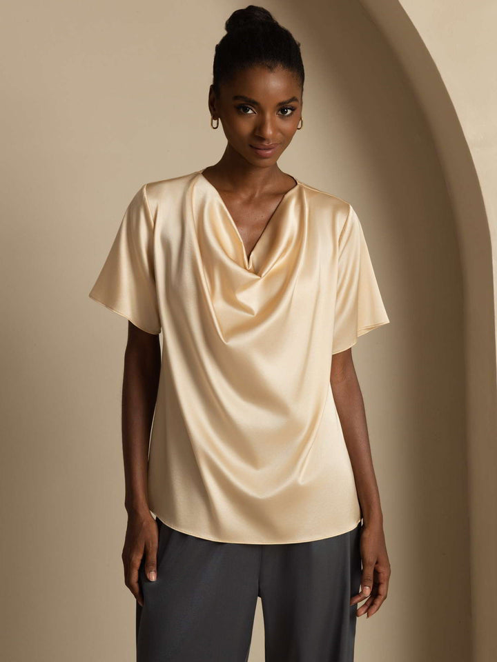19Momme Women's Silk Short Sleeve Cowl Neck T-Shirt