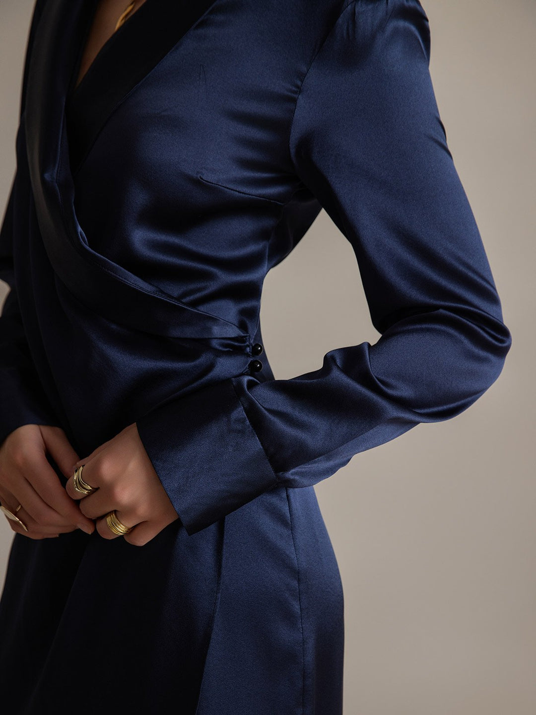 Clearance(Ships to UK Only) - 19Momme Silk Long Sleeve Lapel Collar Wrap Dress with Split Design