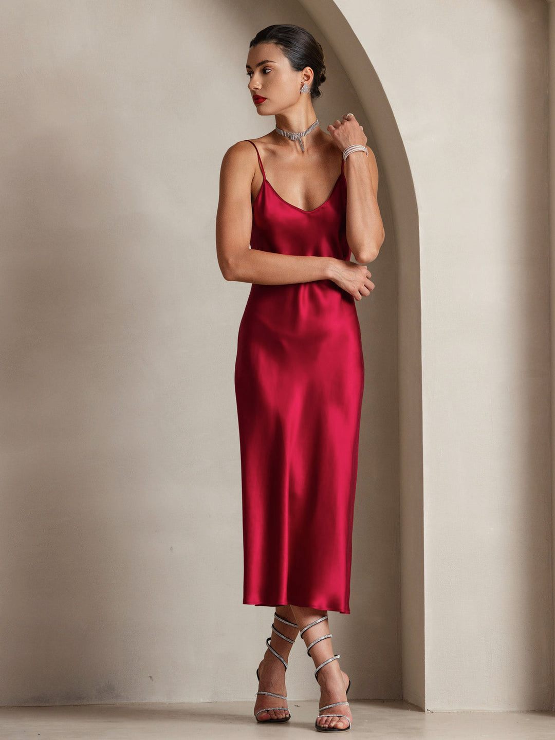 Pure Silk Spaghetti Strap Midi Dress