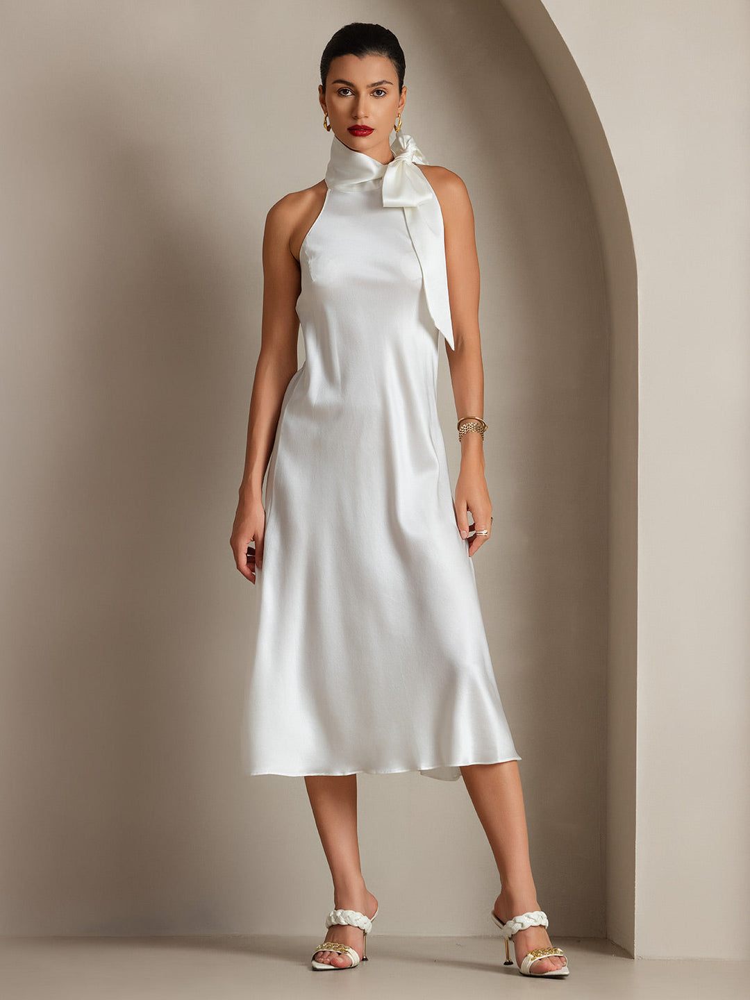 19Momme Silk Sleeveless Tie Neck Midi Dress