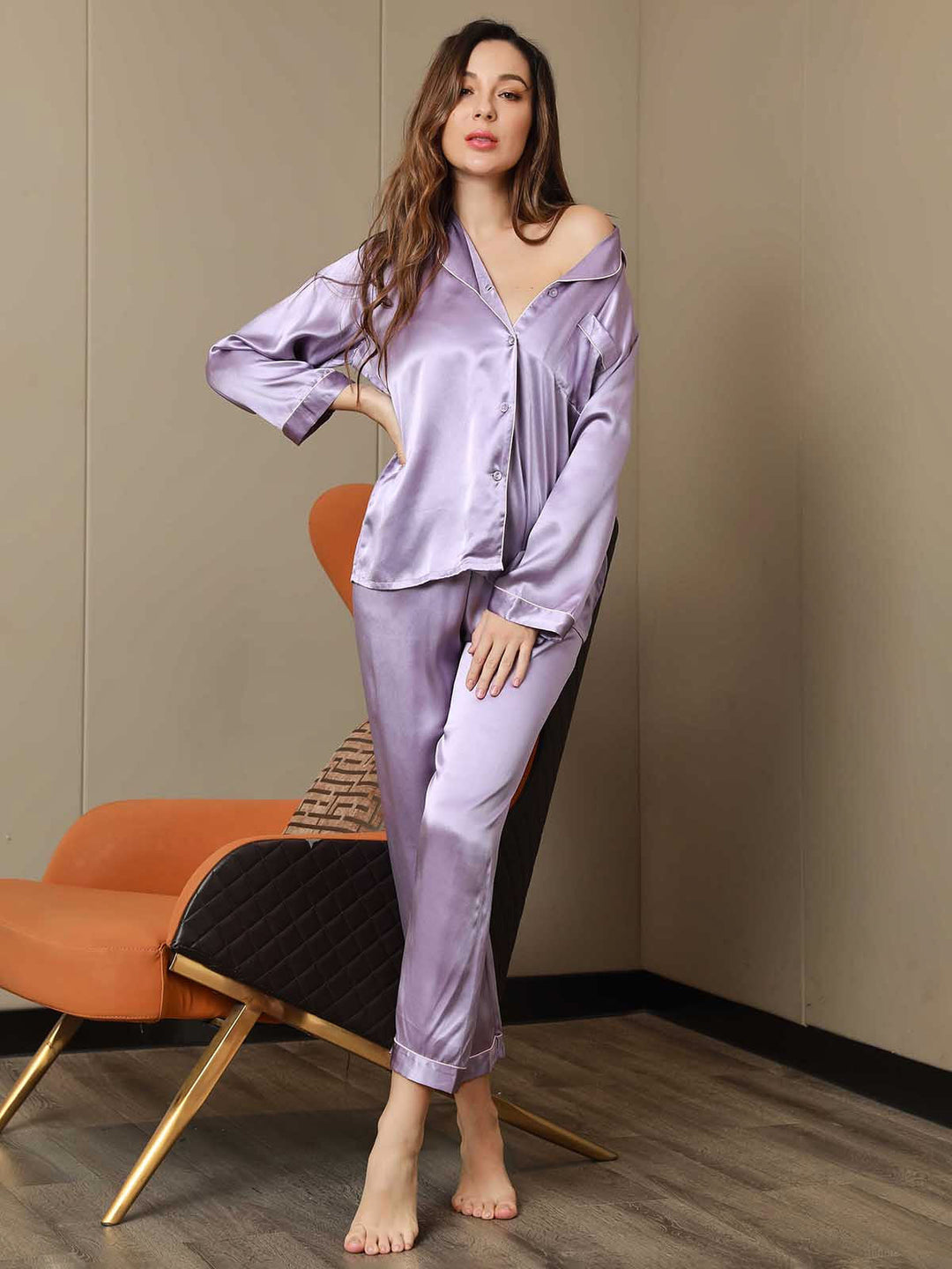 Pure Silk Notch Collar Button Up Women's Pyjamas Set