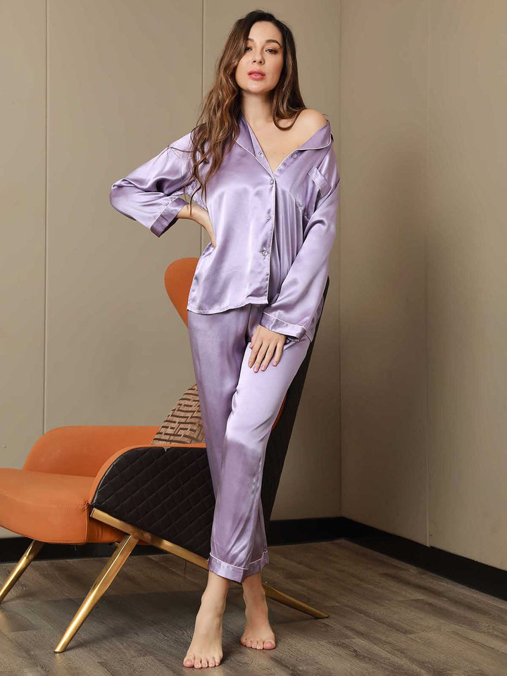 Pure Silk Notch Collar Button Up Women's Pyjamas Set
