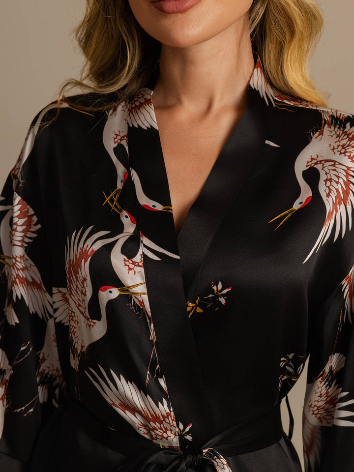 19Momme Pure Silk Crane Print Belted Wrap Women's Kimono Robe
