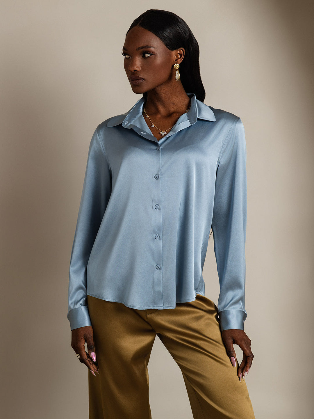 19Momme Silk Long Sleeve Lapel Collar Women's Shirt