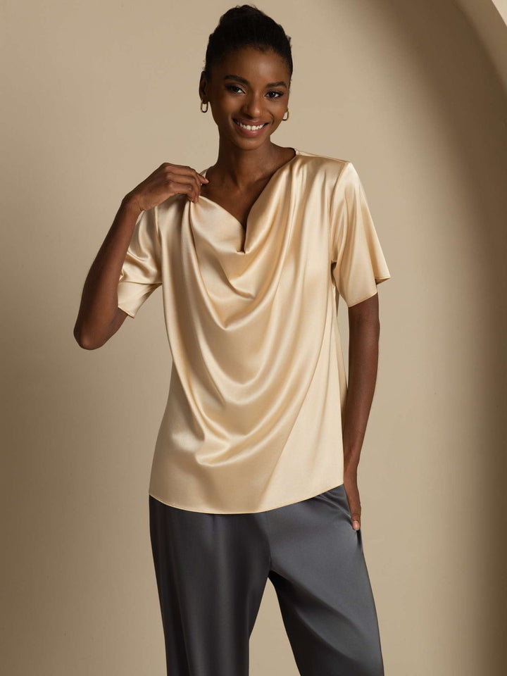 19Momme Women's Silk Short Sleeve Cowl Neck T-Shirt
