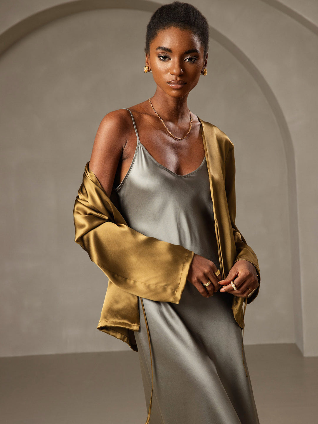 Pure Silk Spaghetti Strap V Neck Midi Dress