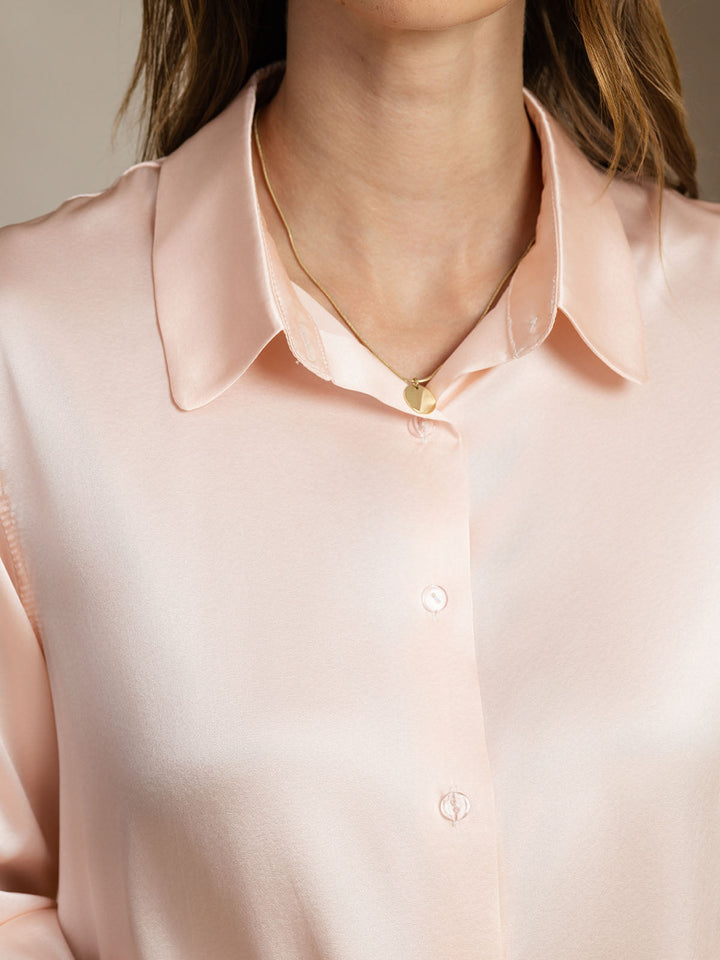 19Momme Silk Long Sleeve Lapel Collar Women's Shirt with Button Up Design