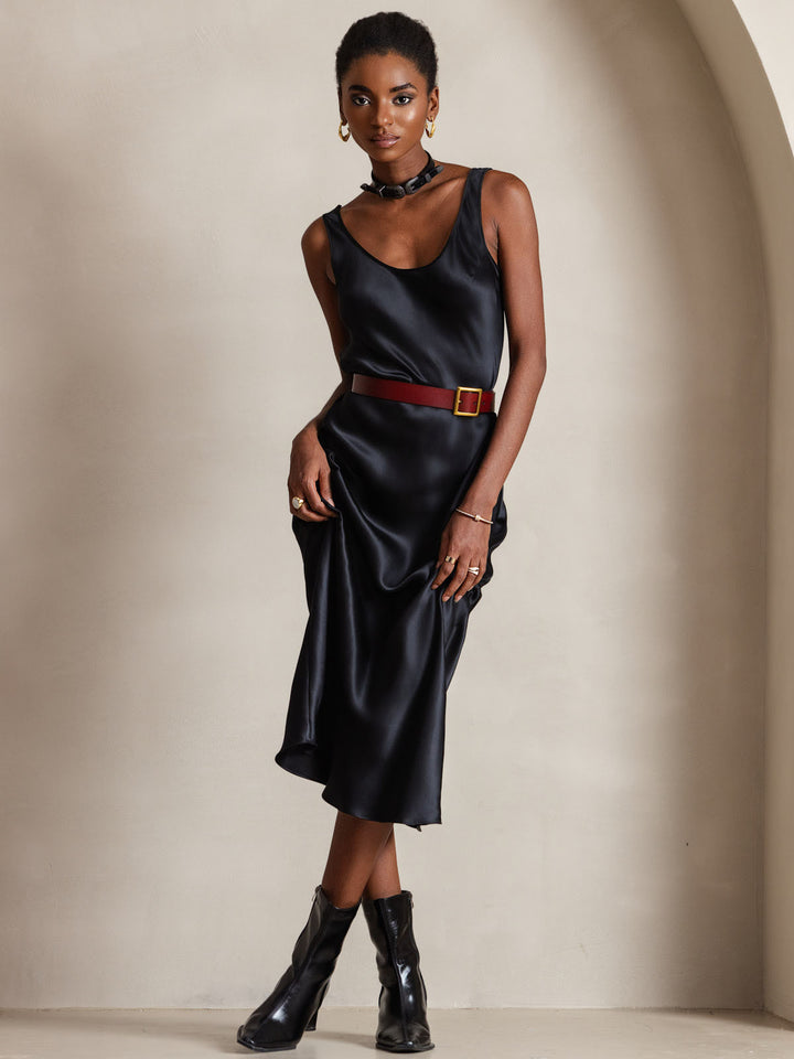 Pure Silk Sleeveless U Neck Midi Dress