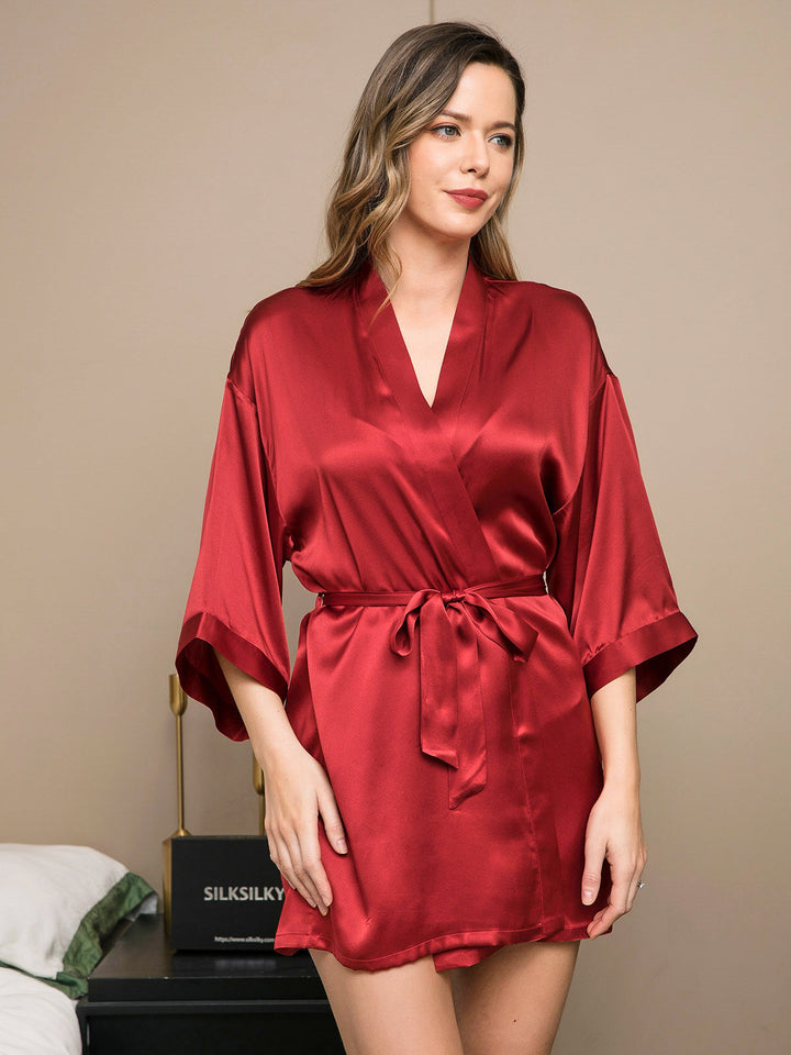 Pure Silk Short Women's Kimono Dressing Gown with Wrap Design