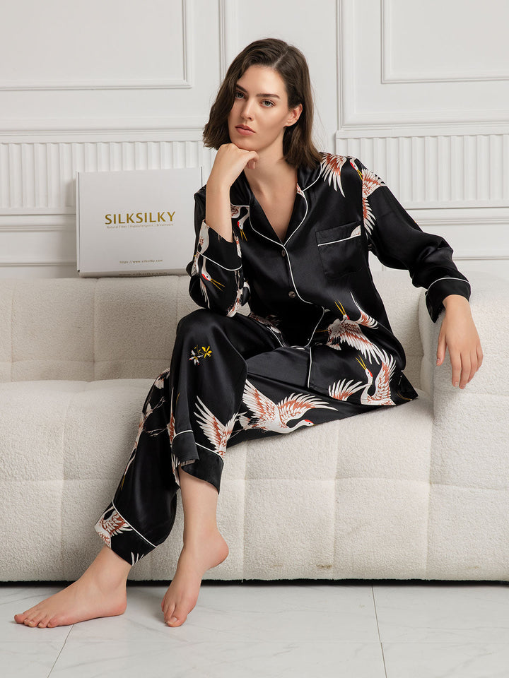 19Momme Women's Pure Silk Crane Print Long Sleeve Notch Collar Pyjamas Set