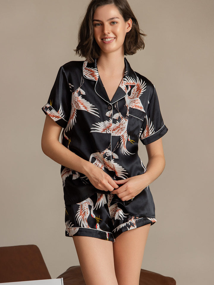 19Momme Women's Pure Silk Crane Print Short Sleeve Notch Collar Pyjamas Set
