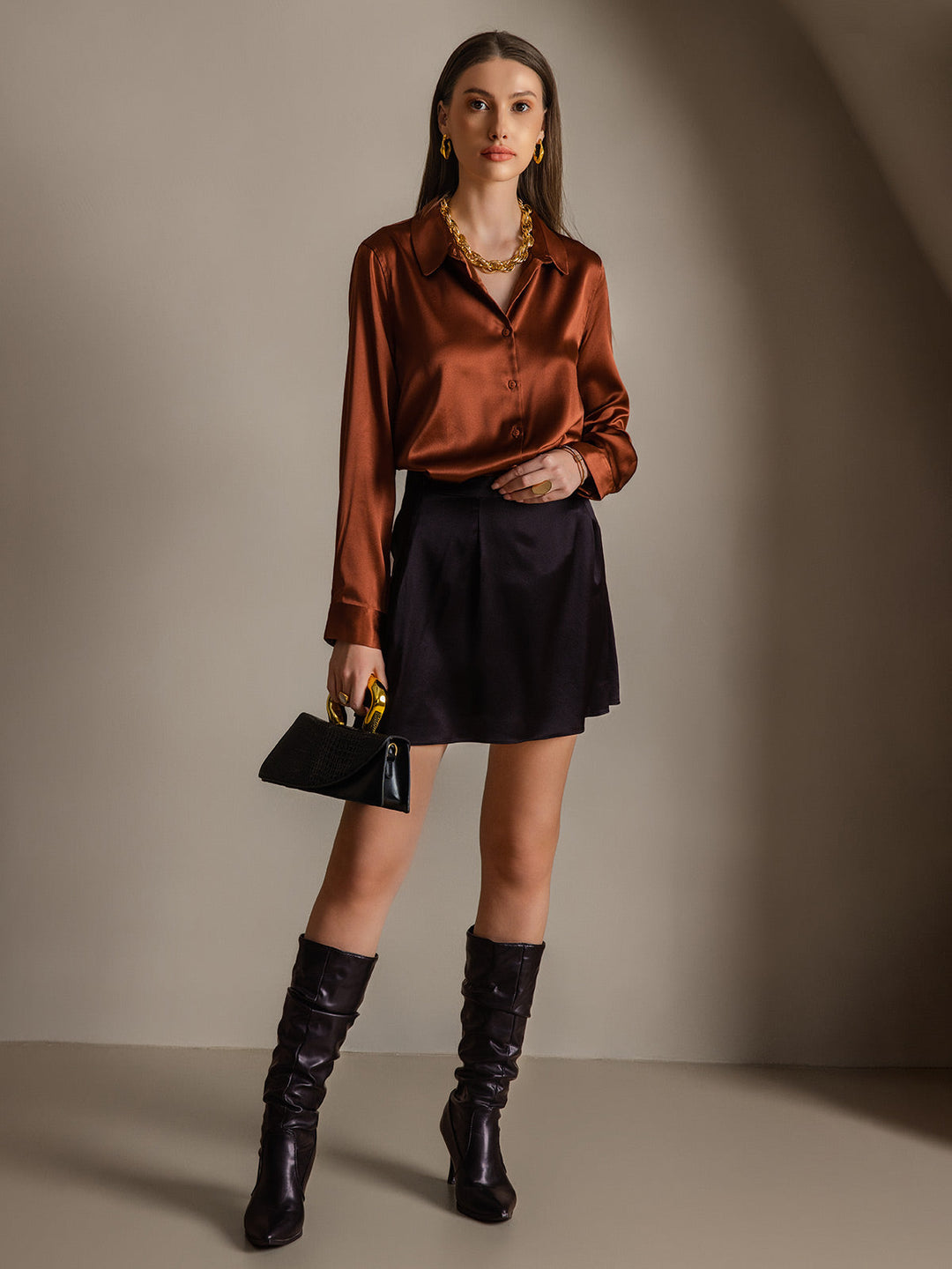 19Momme Silk Long Sleeve Lapel Collar Women's Shirt