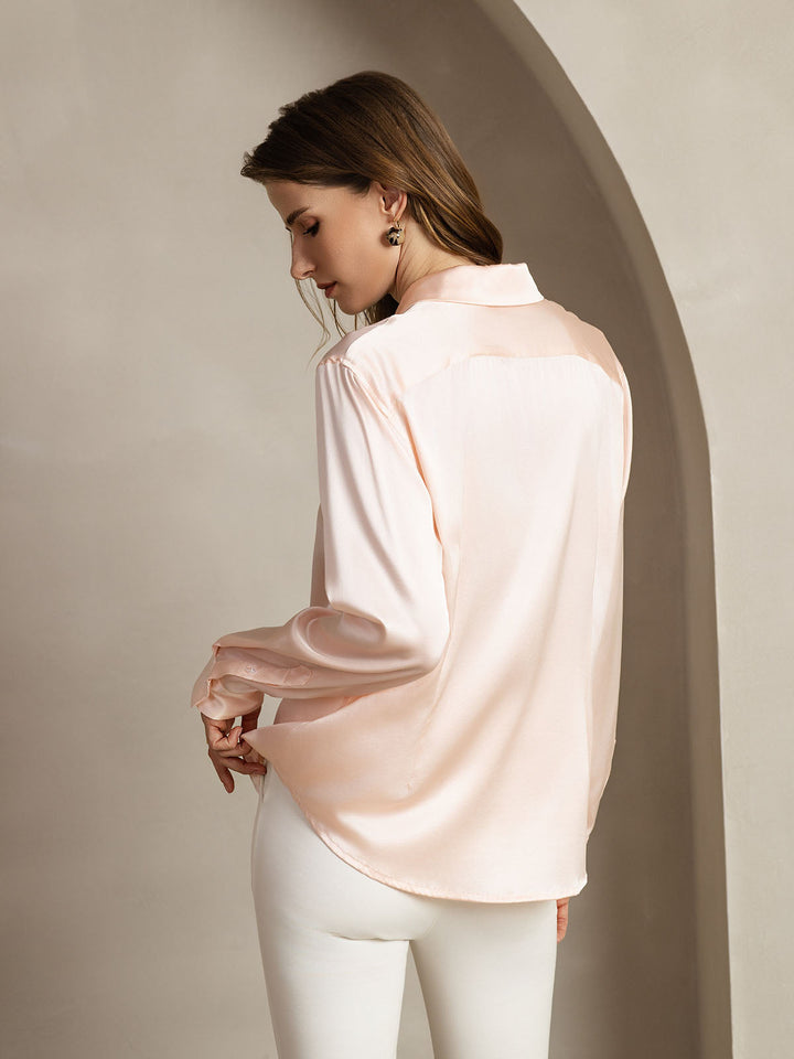 19Momme Silk Long Sleeve Lapel Collar Women's Shirt with Button Up Design