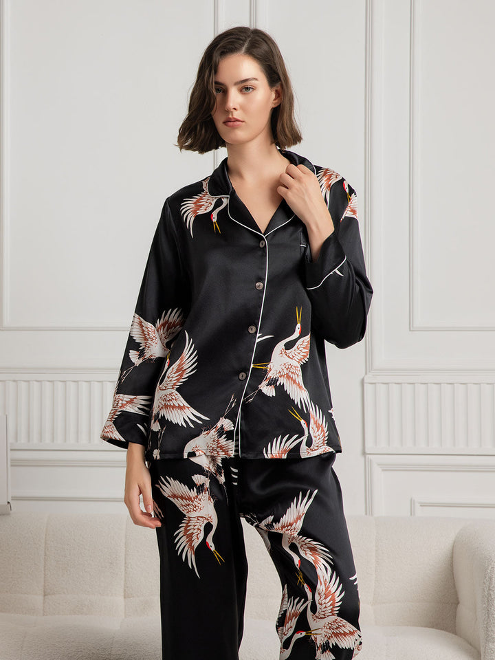 19Momme Women's Pure Silk Crane Print Long Sleeve Notch Collar Pyjamas Set