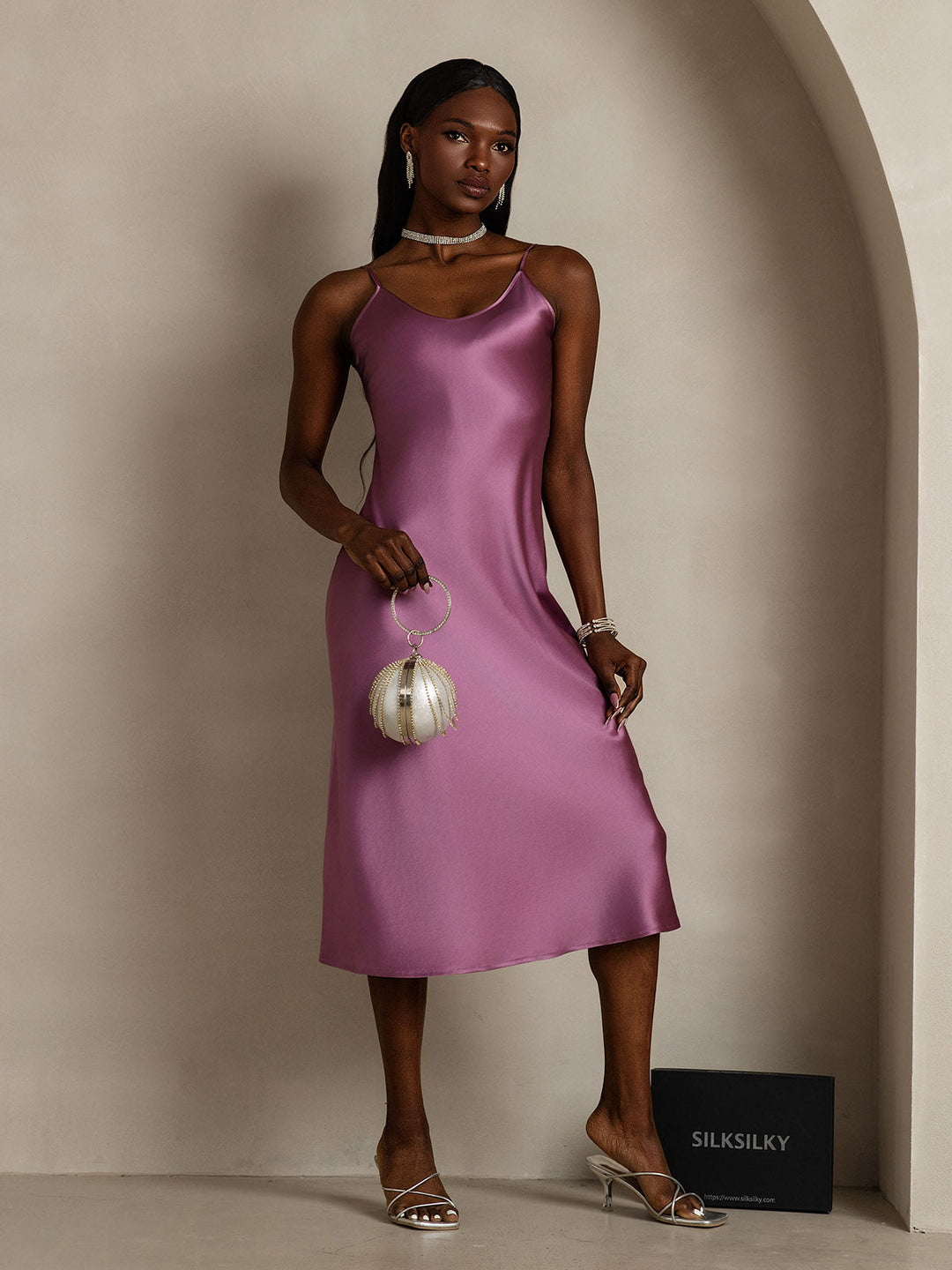 Pure Silk Spaghetti Strap V Neck Midi Dress