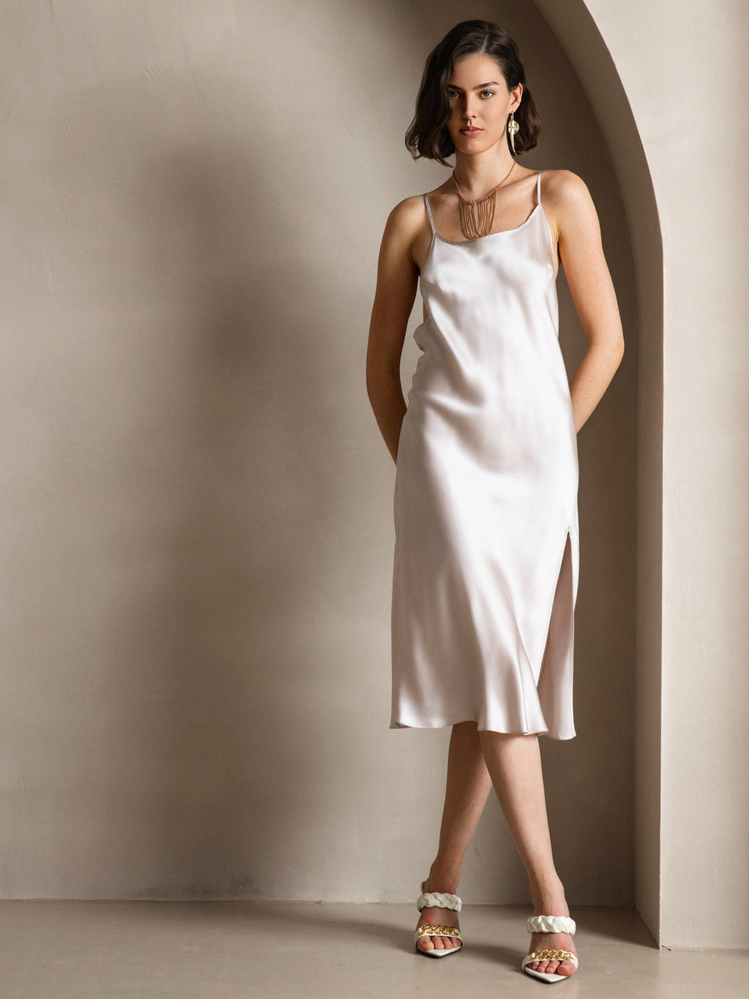 Pure Silk Spaghetti Strap U Neck Knee Dress with Split Criss Cross V-Back Design