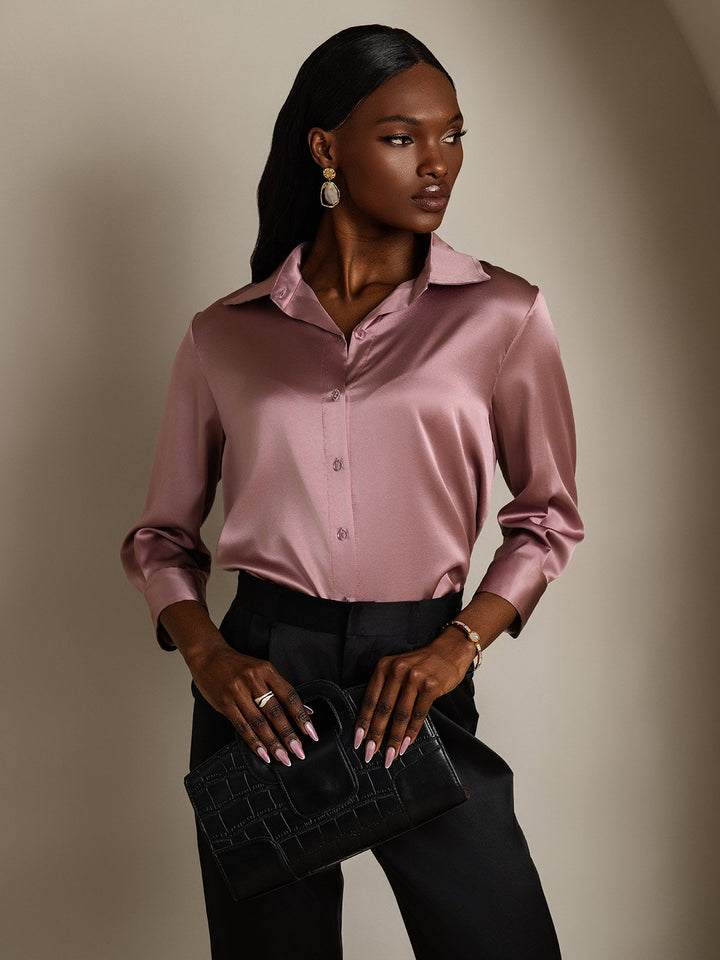 19Momme Silk 3/4 Sleeve Lapel Collar Women's Shirt with Button Up Design