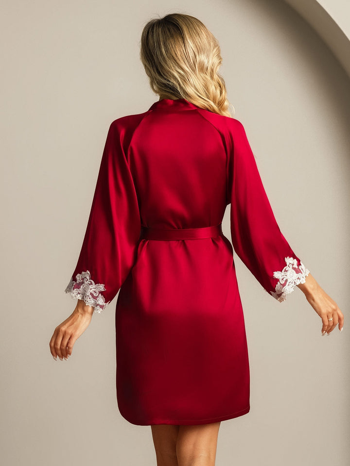 Silk Lace Cuffs Dressing Gown Wrap Kimono Belted with 3/4 Sleeves