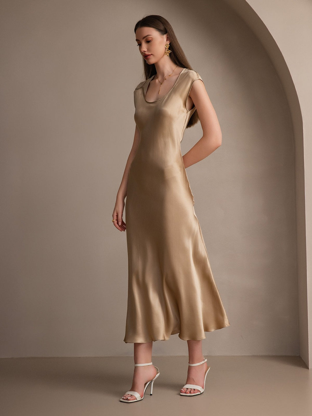 19Momme Silk Cap Sleeve Round Neck Midi Dress