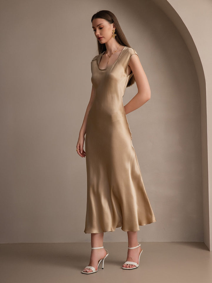 19Momme Silk Cap Sleeve Round Neck Midi Dress