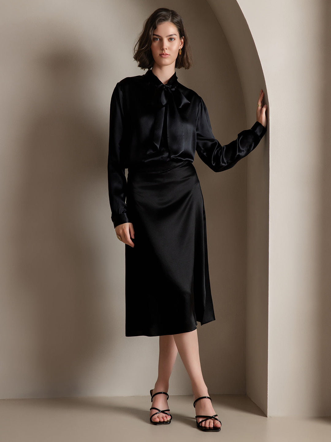 19Momme Silk Long Sleeve Tie Neck Blouse