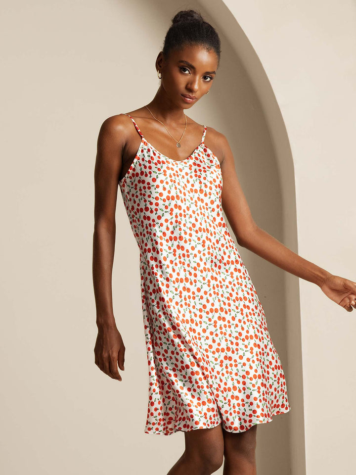Silk Spaghetti Strap Cherry Print Short Dress