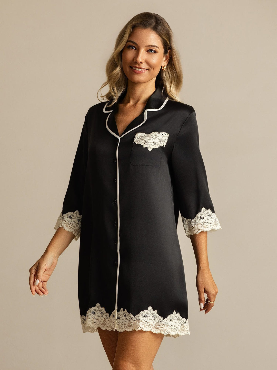 Pure Silk Button Up Nightshirt with Lace Design