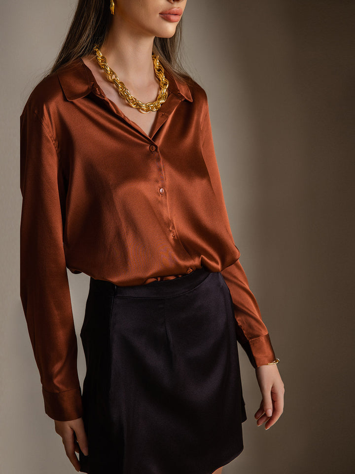 19Momme Silk Long Sleeve Lapel Collar Women's Shirt