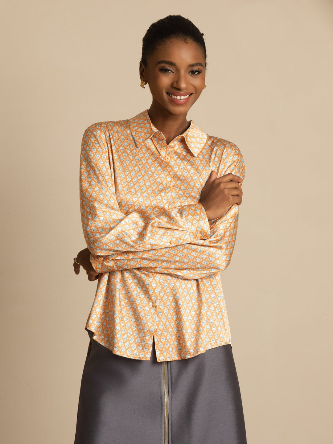 19Momme Silk Geometric Print Long Sleeve Lapel Collar Women's Shirt