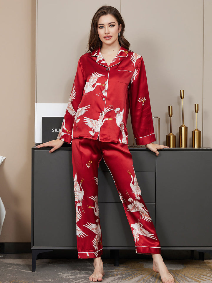 19Momme Women's Pure Silk Crane Print Long Sleeve Pyjamas Set