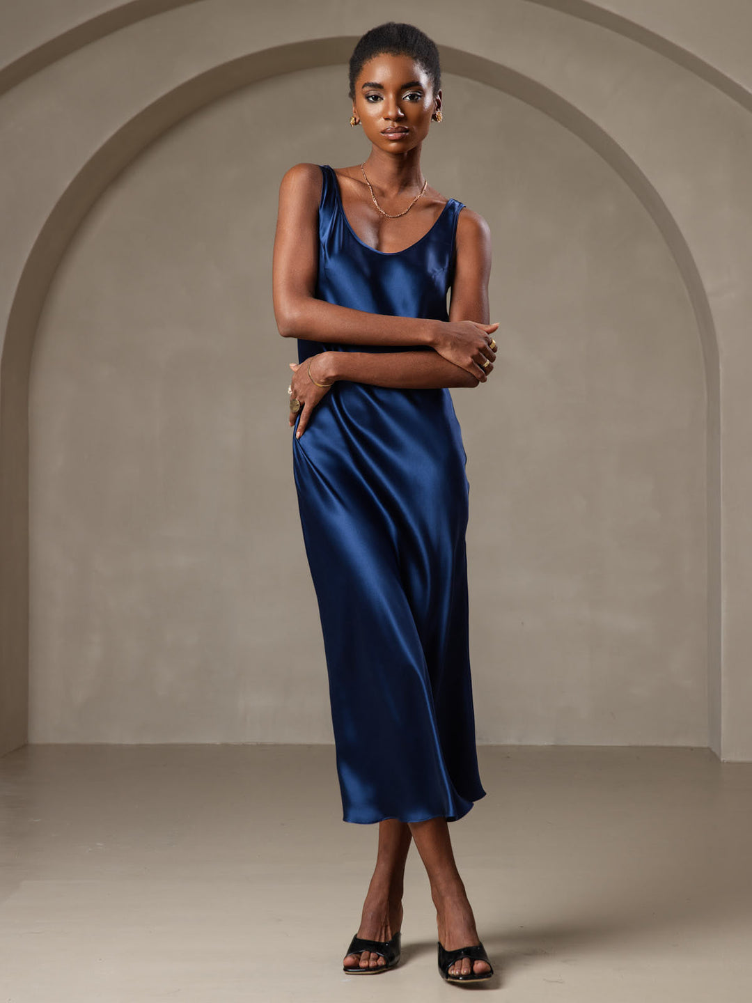 Pure Silk Sleeveless U Neck Midi Dress