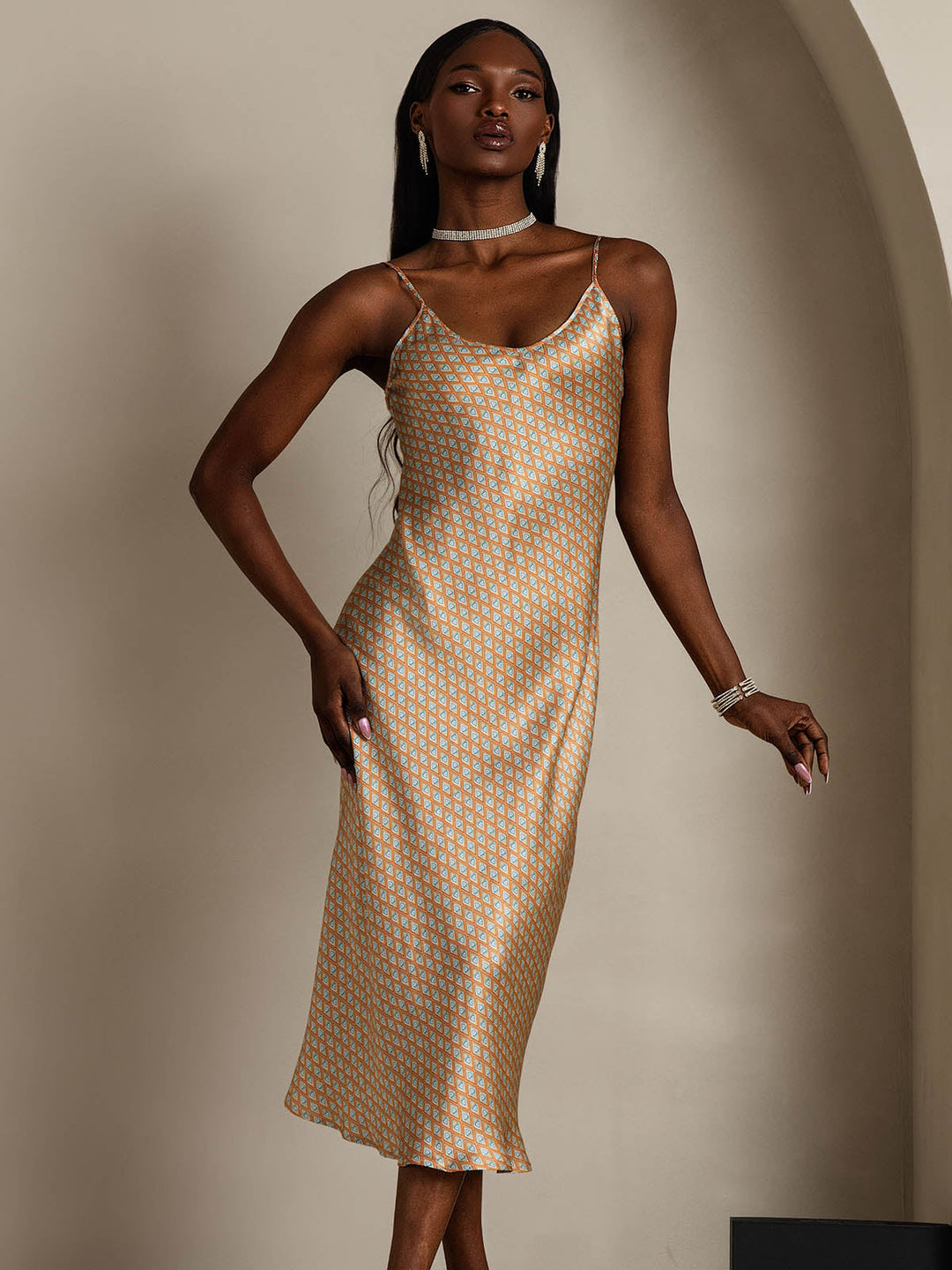 Pure Silk Geometric Print Spaghetti Strap V Neck Midi Dress