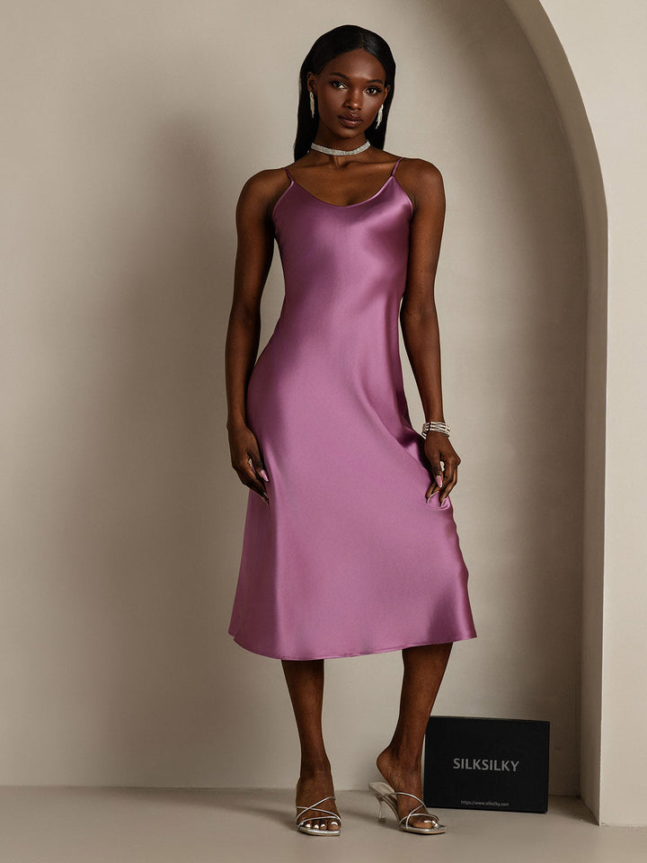 Pure Silk Spaghetti Strap V Neck Midi Dress