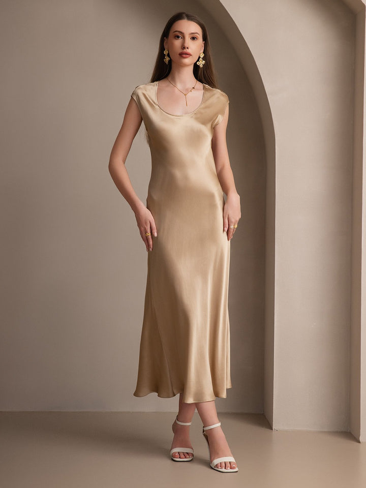 19Momme Silk Cap Sleeve Round Neck Midi Dress