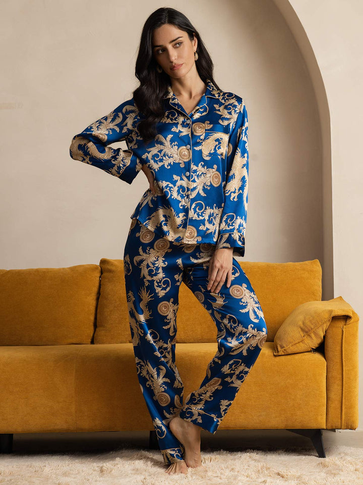 Pure Silk Dragon Print Long Sleeve Notch Collar Women's Pyjamas Set With Pants
