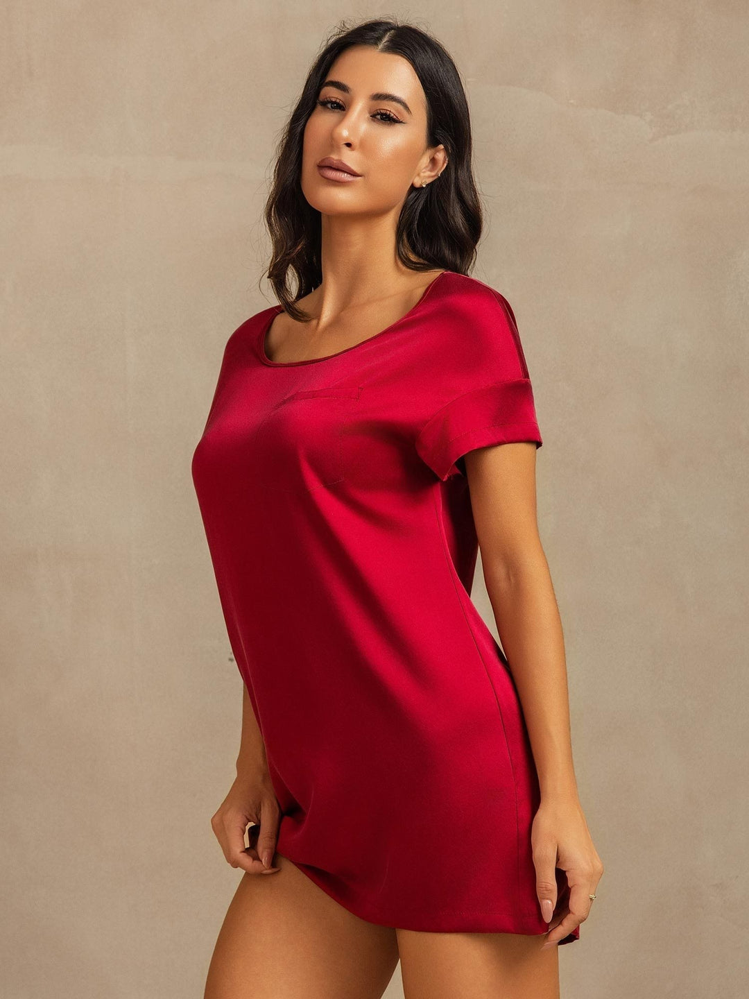 19Momme Washable Silk Short Sleeve Round Neck Short Nightdress
