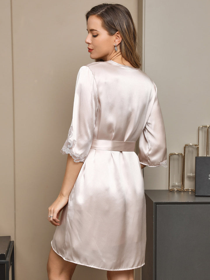 Pure Silk V Neck Short Nightdress&Dressing gowns with Lace Design