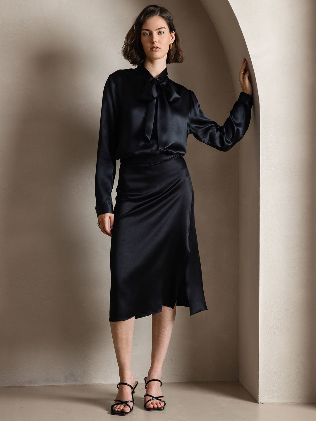 19Momme Silk Long Sleeve Tie Neck Blouse