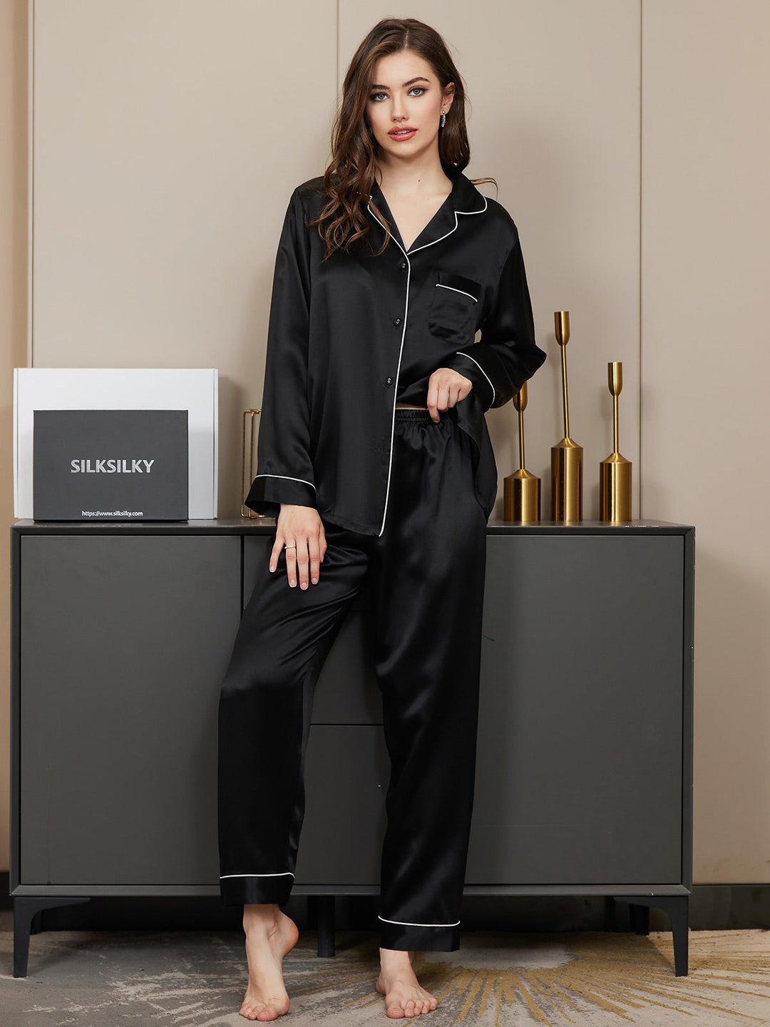 Pure Silk Long Sleeve Button Up Women's Pyjamas Set