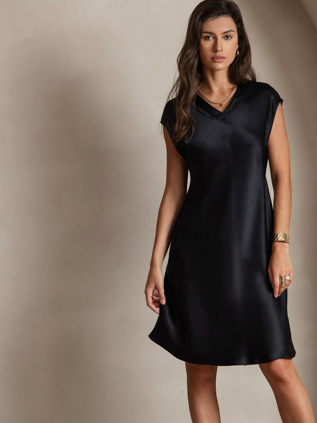 Pure Silk Cap Sleeve V Neck Knee Dress