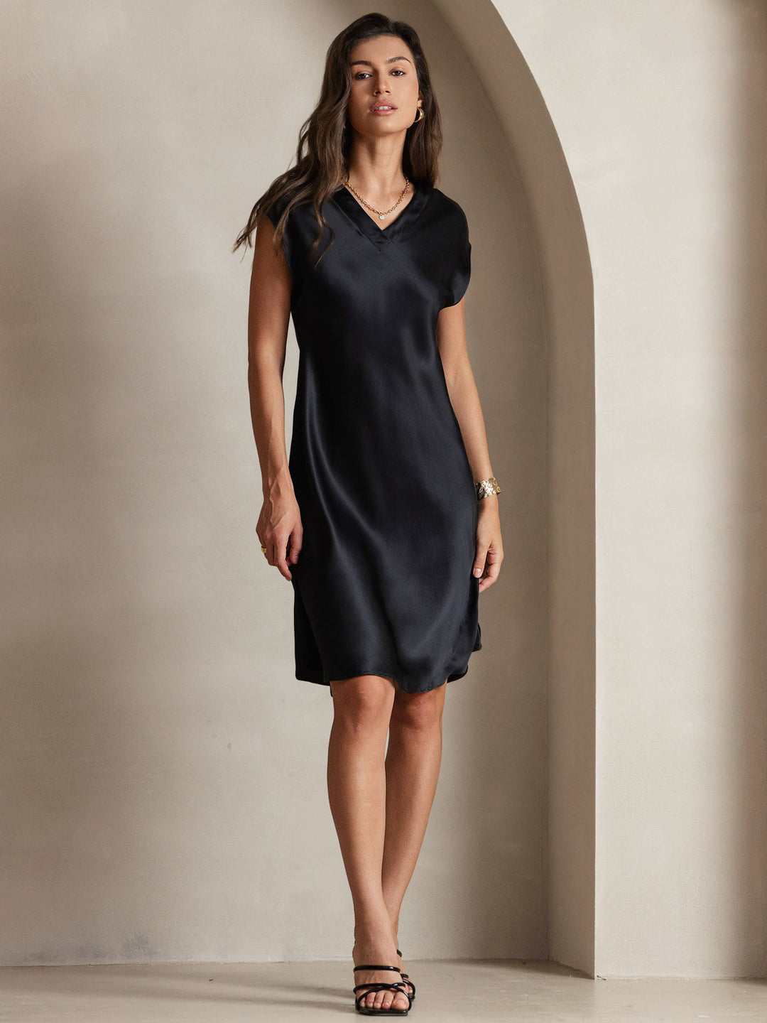 Pure Silk Cap Sleeve V Neck Knee Dress