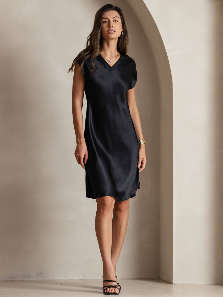 Pure Silk Cap Sleeve V Neck Knee Dress