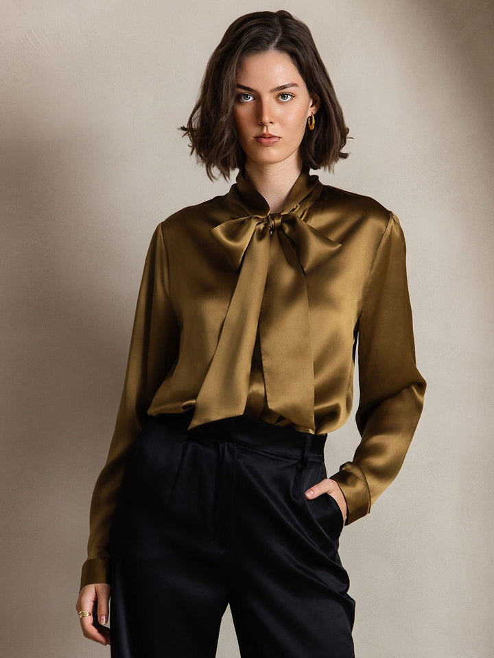 19Momme Silk Long Sleeve Tie Neck Blouse
