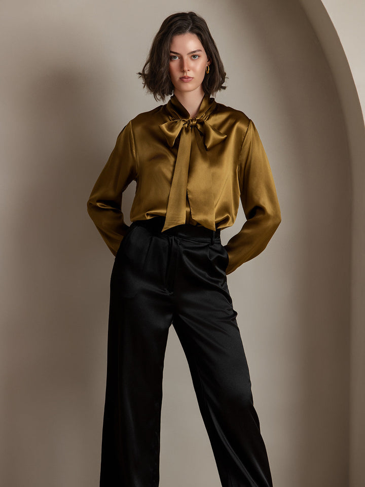 19Momme Silk Long Sleeve Tie Neck Blouse