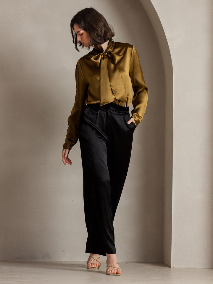 19Momme Silk Long Sleeve Tie Neck Blouse
