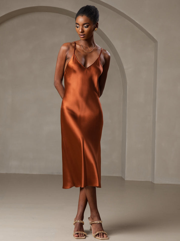 Pure Silk Spaghetti Strap V Neck Midi Dress with Criss Cross Back Design