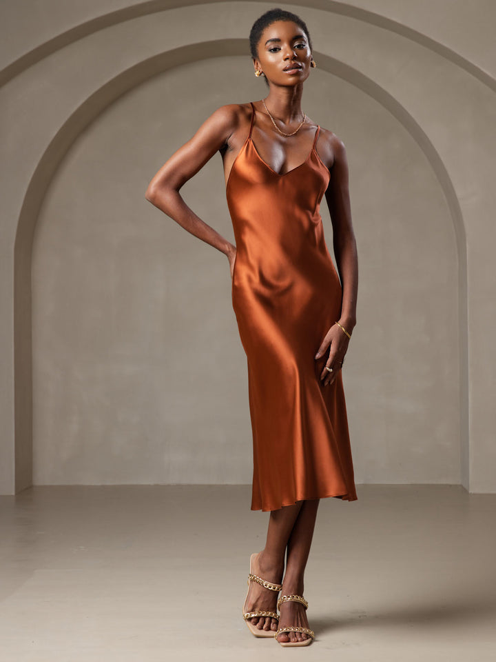 Pure Silk Spaghetti Strap V Neck Midi Dress with Criss Cross Back Design