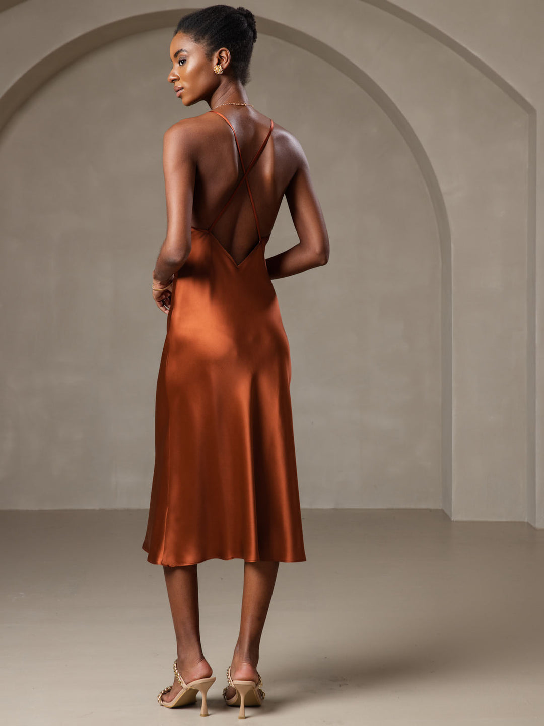 Pure Silk Spaghetti Strap V Neck Midi Dress with Criss Cross Back Design