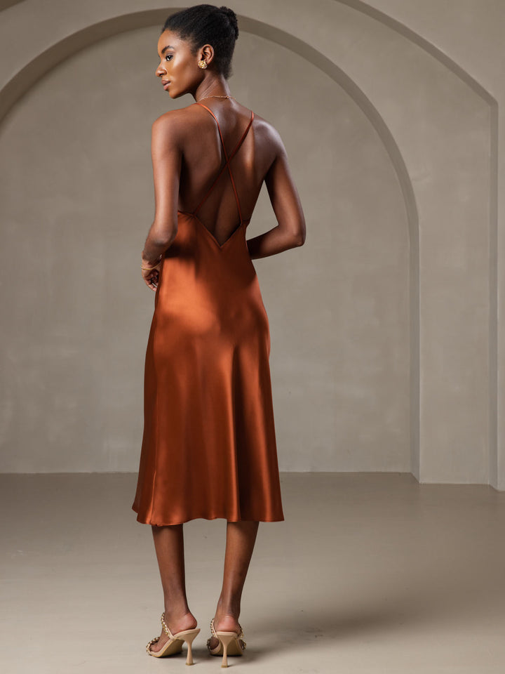 Pure Silk Spaghetti Strap V Neck Midi Dress with Criss Cross Back Design