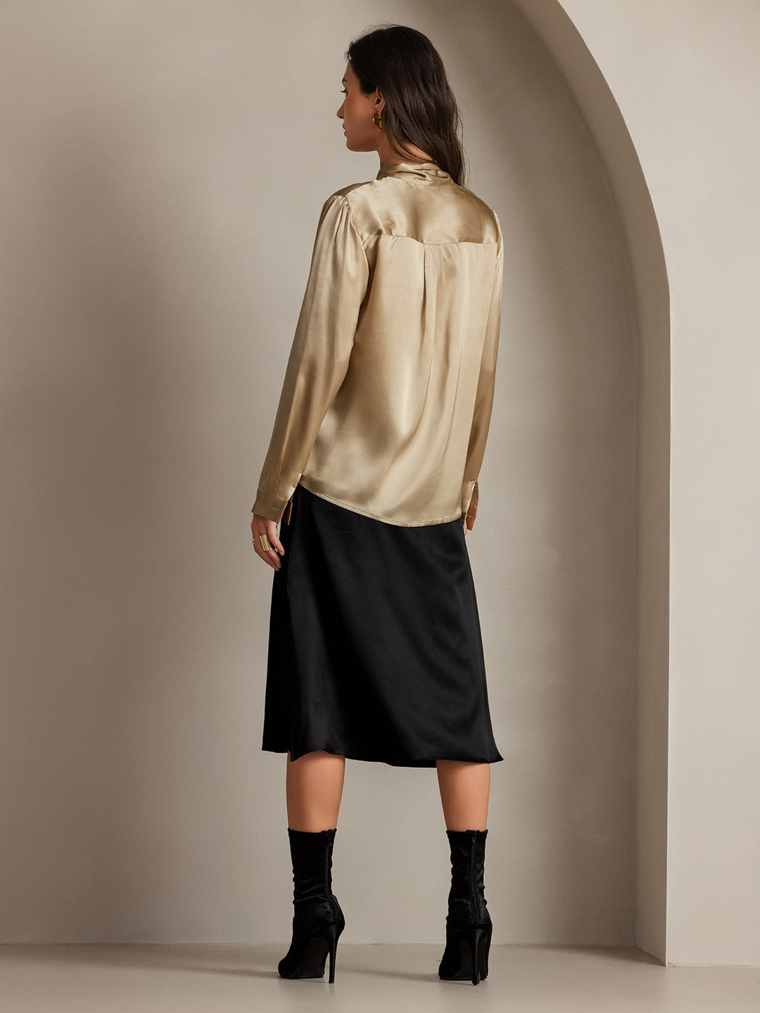 19Momme Silk Long Sleeve Tie Neck Blouse